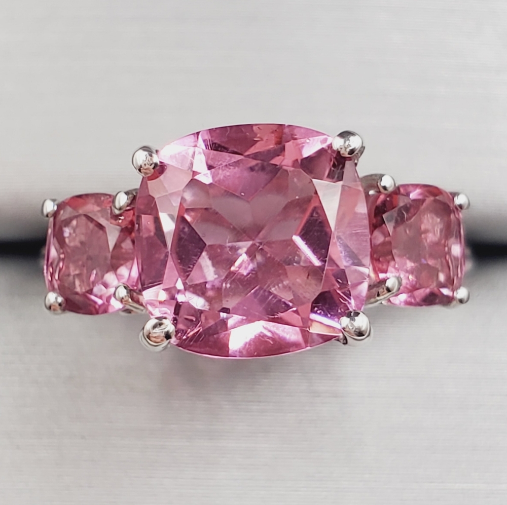 Pink Quartz Three Stone Cushion Cut Ring | 925 Sterling Silver